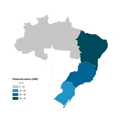 Distribuição do potencial eólico das regiões do país. Fonte: Amarante et al. (2001)