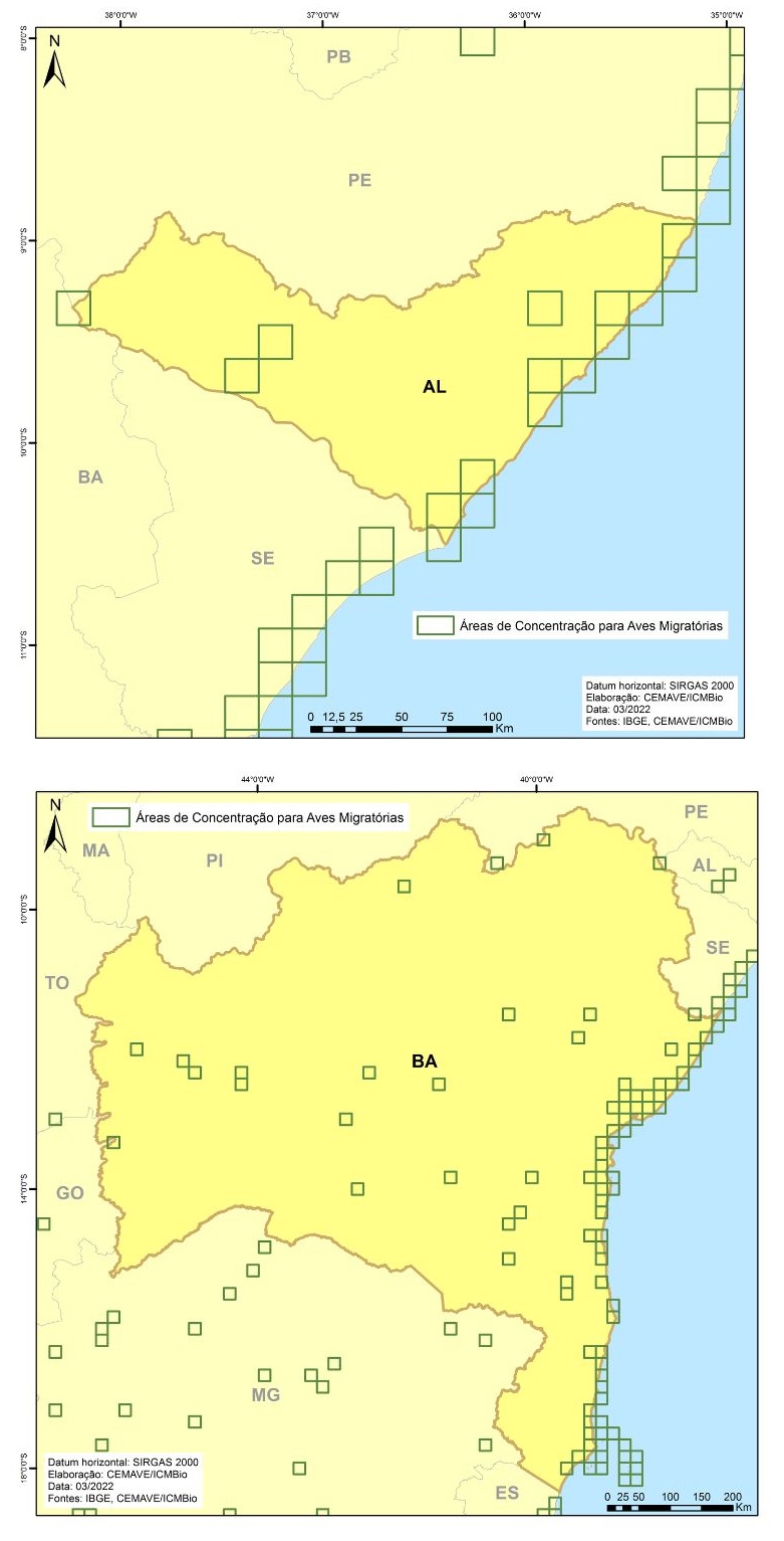 Áreas de Concentração de Aves Migratórias nos estados de Alagoas (acima) e Bahia (abaixo).
