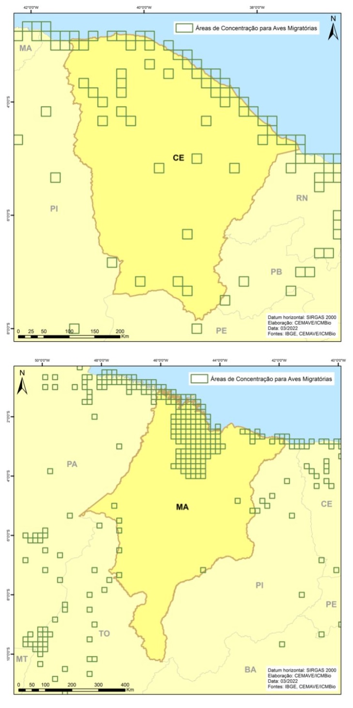 Áreas de Concentração de Aves Migratórias nos estados do Ceará (acima) e Maranhão (abaixo).