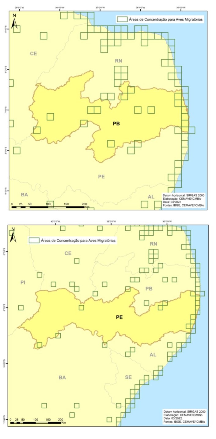 Áreas de Concentração de Aves Migratórias nos estados da Paraíba (acima) e Pernambuco (abaixo).