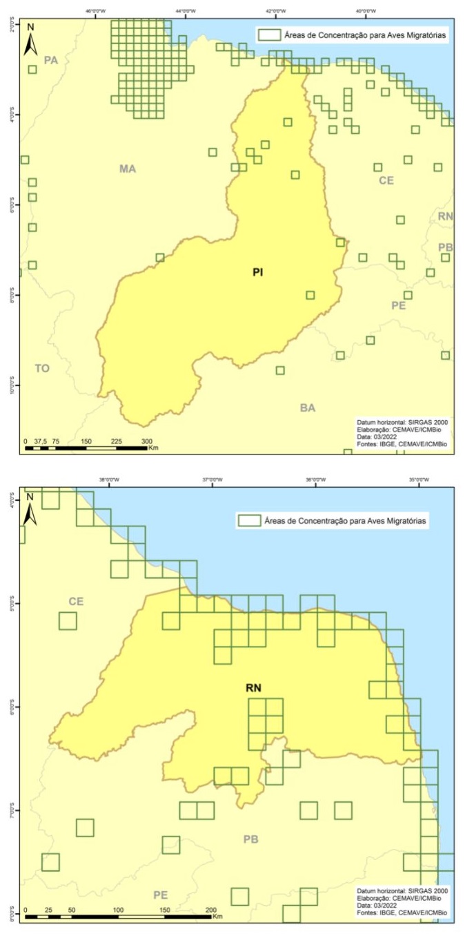 Áreas de Concentração de Aves Migratórias nos estados do Piauí (acima) e Rio Grande do Norte (abaixo).