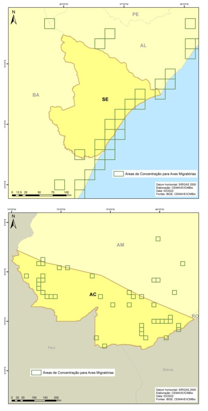 Áreas de Concentração de Aves Migratórias nos estados de Sergipe (acima) e Acre (abaixo).