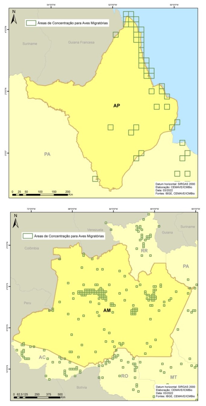 Áreas de Concentração de Aves Migratórias nos estados do Amapá (acima) e Amazonas (abaixo).