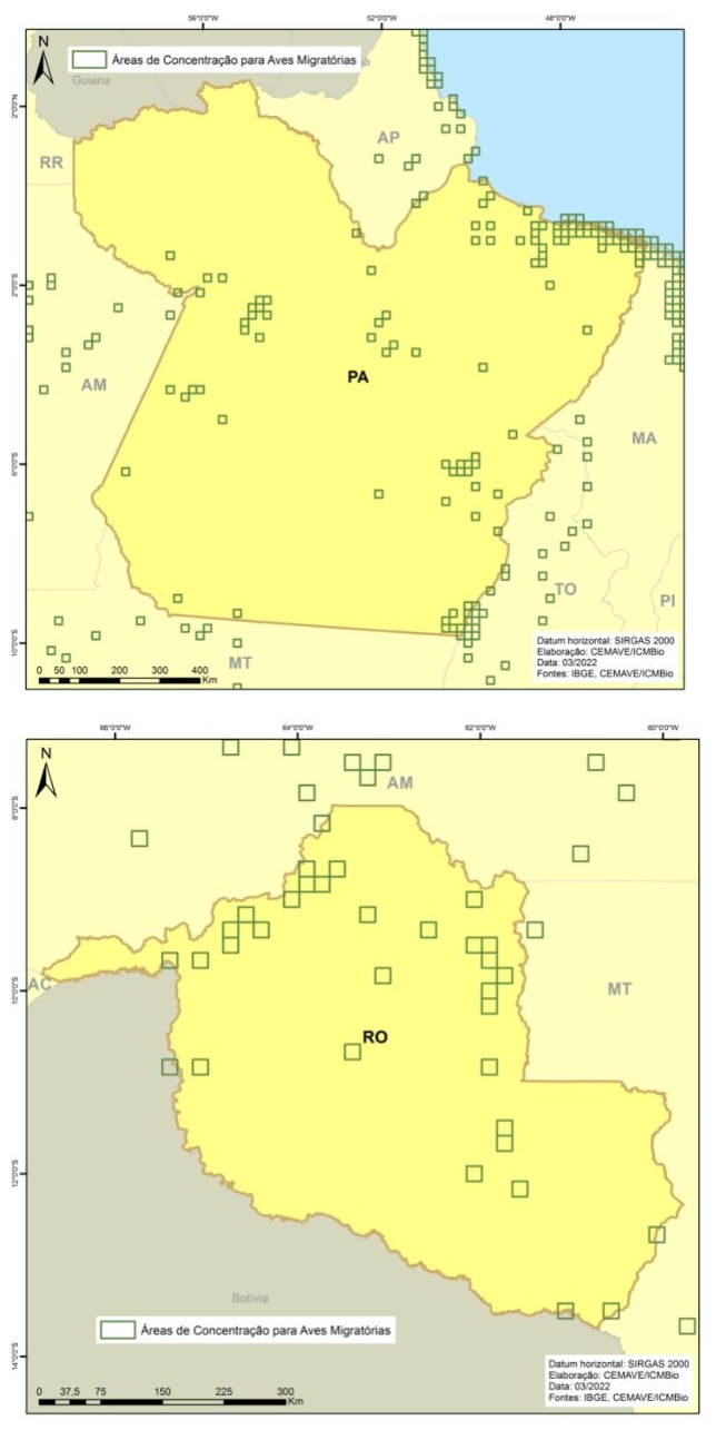 Áreas de Concentração de Aves Migratórias nos estados do Pará (acima) e Rondônia (abaixo).