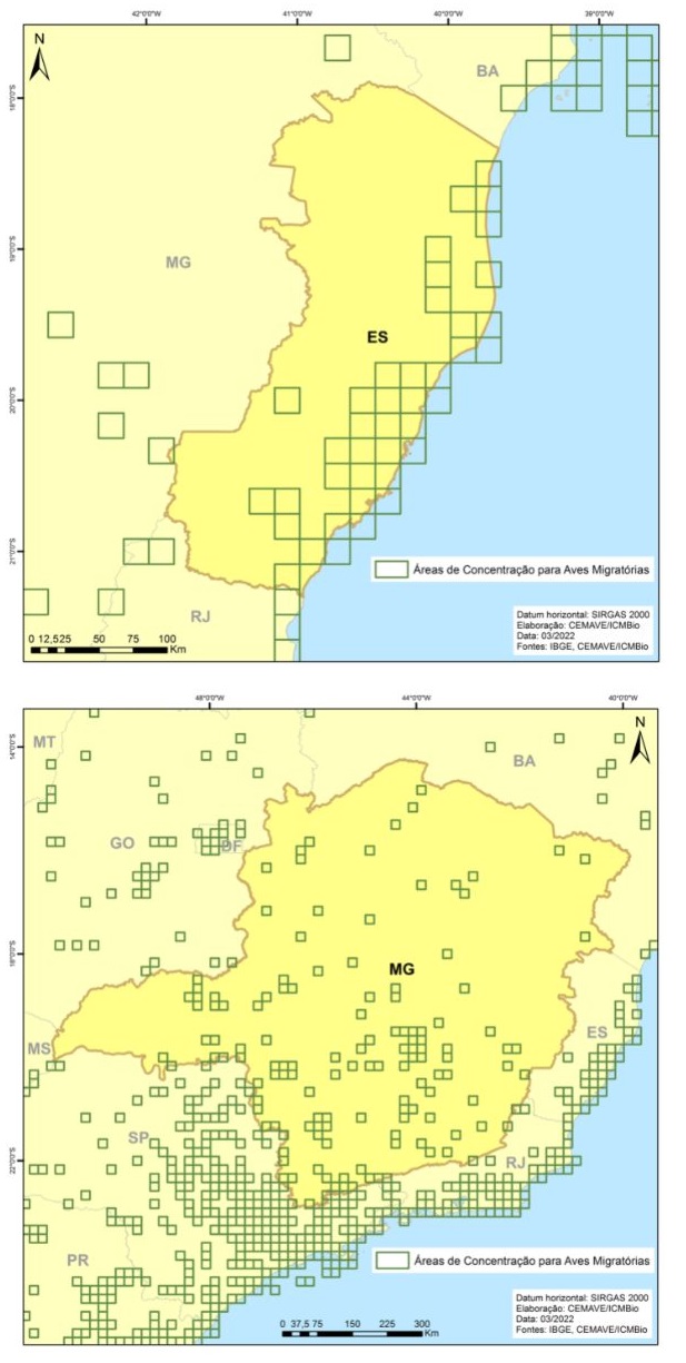 Áreas de Concentração de Aves Migratórias nos estados do Espírito Santo (acima) e Minas Gerais (abaixo).