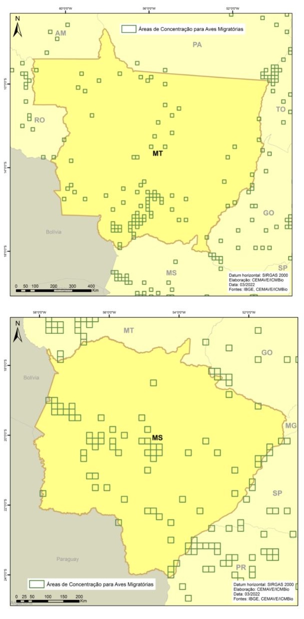 Áreas de Concentração de Aves Migratórias nos estados de Mato Grosso (acima) e Mato Grosso do Sul (abaixo).