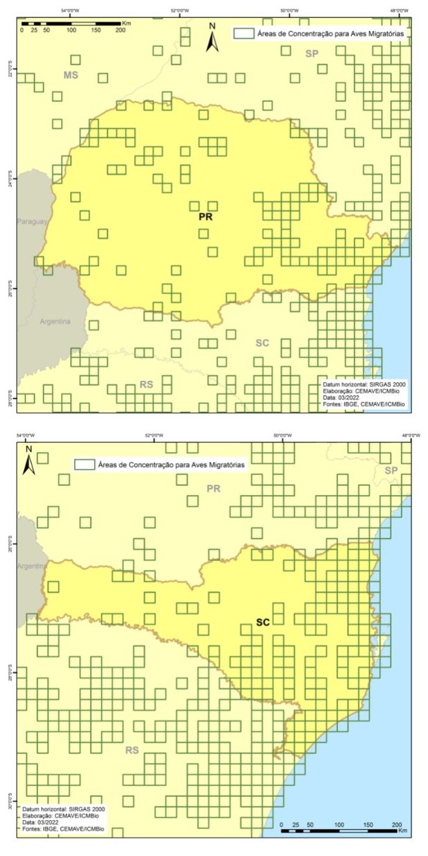 Áreas de Concentração de Aves Migratórias nos estados do Paraná (acima) e Santa Catarina (abaixo).