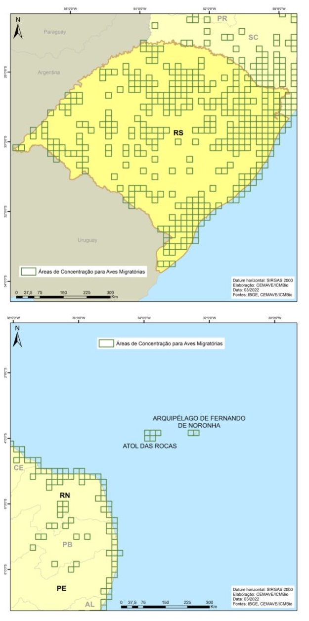 Áreas de Concentração de Aves Migratórias no estado do Rio Grande do Sul (acima), no arquipélago de Fernando de Noronha e no atol das Rocas (abaixo).