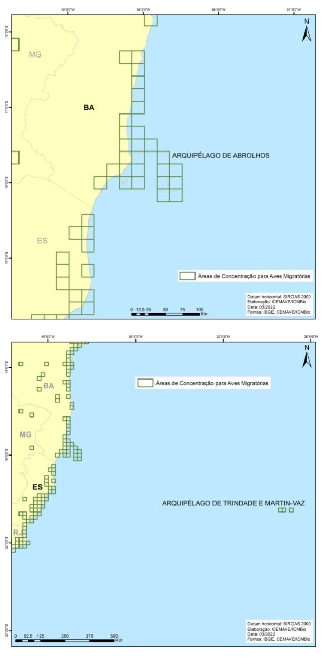 Áreas de Concentração de Aves Migratórias nos arquipélagos de Abrolhos (acima) e Trindade e Martim-Vaz (abaixo).