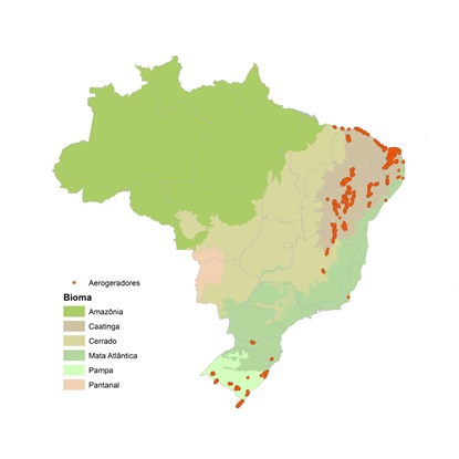 Localização das usinas eólicas instaladas ou em instalação no Brasil. Fonte: ANEEL (2021b)