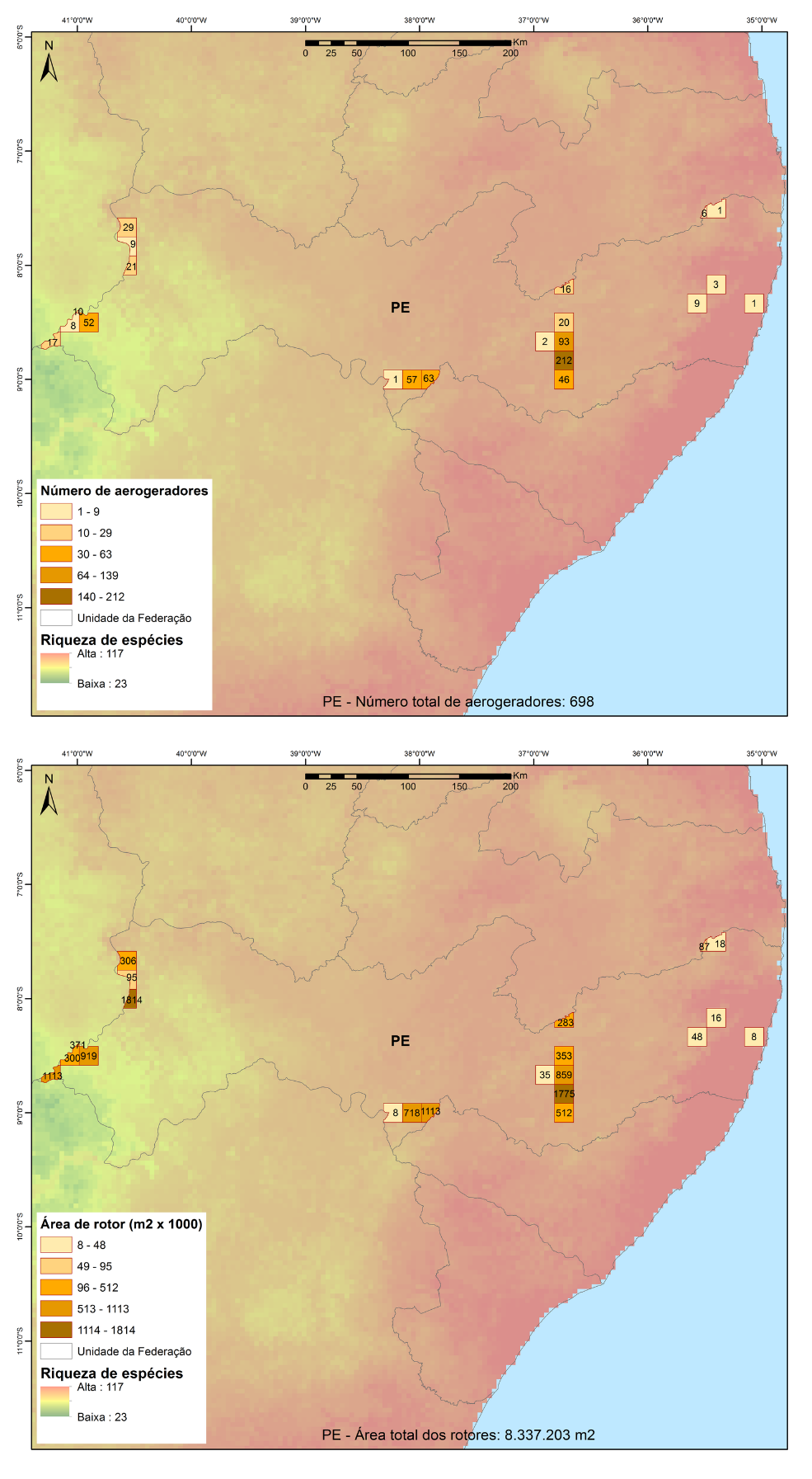 Número total de aerogeradores (acima) e área de rotor (abaixo) em quadrículas de 18 × 18 km, sobrepostos à riqueza potencial de espécies de morcegos para o estado de Pernambuco. Dados de turbinas para janeiro de 2022. Fonte: SIGEL/ANEEL