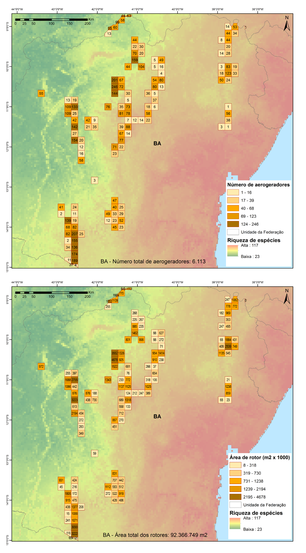 Número total de aerogeradores (acima) e área de rotor (abaixo) em quadrículas de 18 × 18 km, sobrepostos à riqueza potencial de espécies de morcegos para o estado da Bahia. Dados de turbinas para janeiro de 2022. Fonte: SIGEL/ANEEL