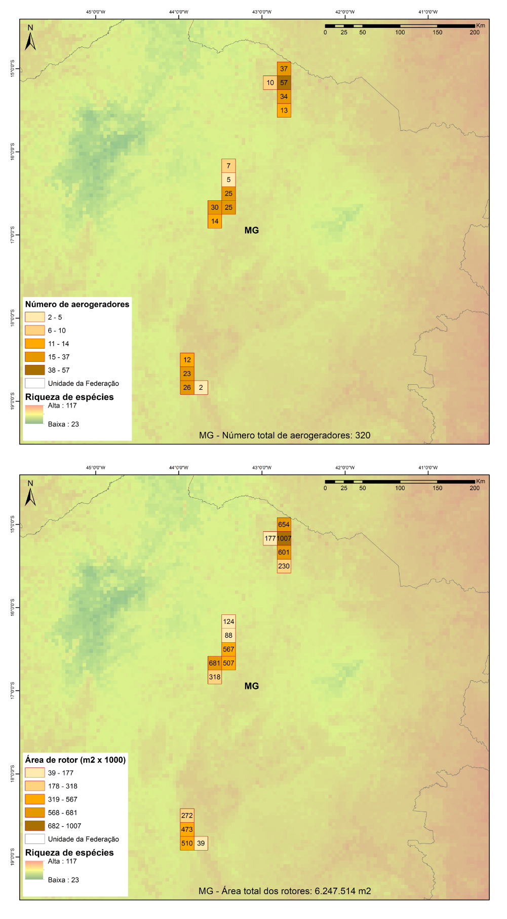 Número total de aerogeradores (acima) e área de rotor (abaixo) em quadrículas de 18 × 18 km, sobrepostos à riqueza potencial de espécies de morcegos para o estado de Minas Gerais. Dados de turbinas para janeiro de 2022. Fonte: SIGEL/ANEEL