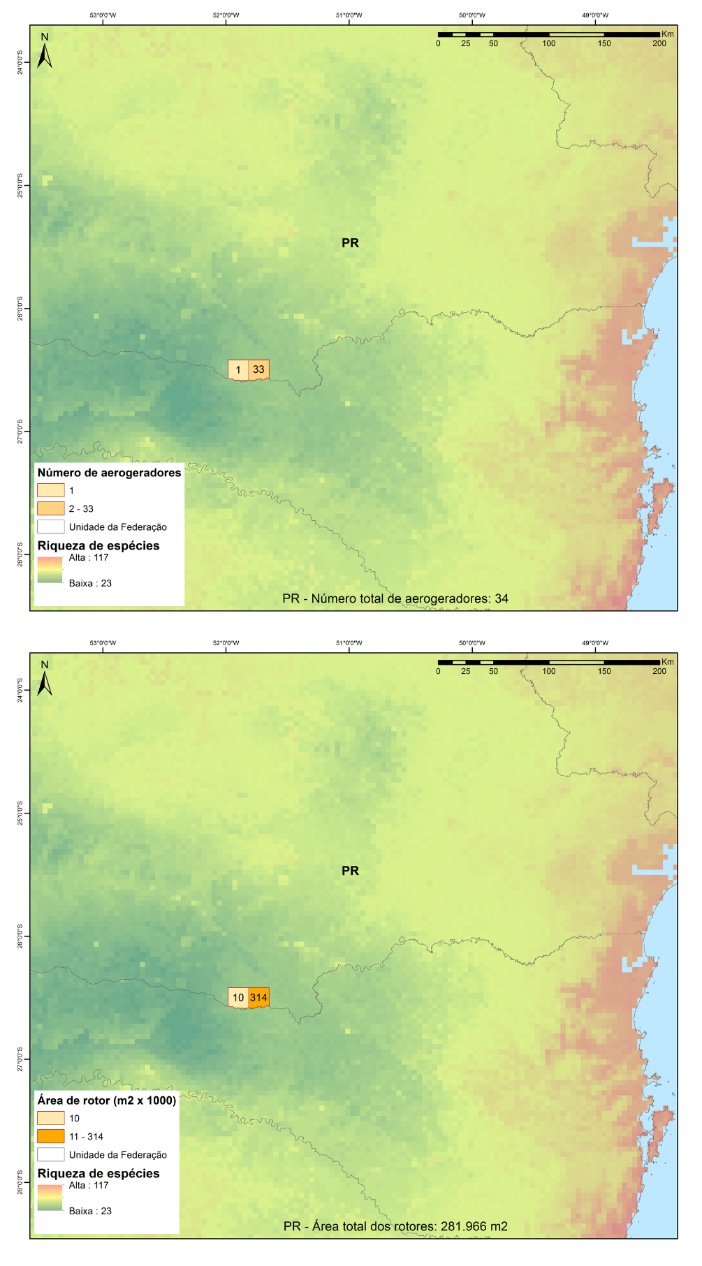 Número total de aerogeradores (acima) e área de rotor (abaixo) em quadrículas de 18 × 18 km, sobrepostos à riqueza potencial de espécies de morcegos para o estado do Paraná. Dados de turbinas para janeiro de 2022. Fonte: SIGEL/ANEEL