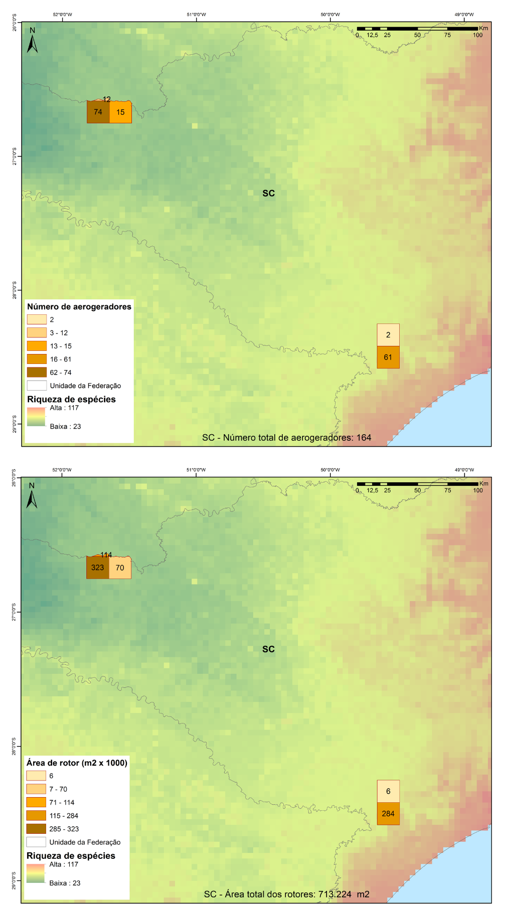 Número total de aerogeradores (acima) e área de rotor (abaixo) em quadrículas de 18 × 18 km, sobrepostos à riqueza potencial de espécies de morcegos para o estado de Santa Catarina. Dados de turbinas para janeiro de 2022. Fonte: SIGEL/ANEEL
