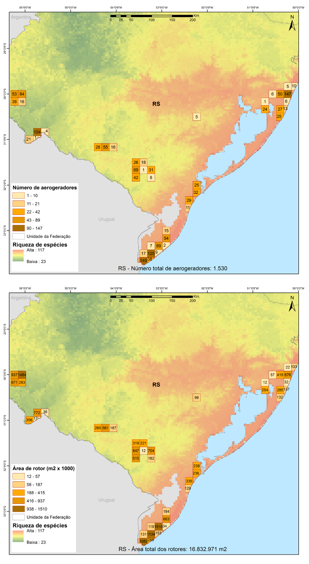 Número total de aerogeradores (acima) e área de rotor (abaixo) em quadrículas de 18 × 18 km, sobrepostos à riqueza potencial de espécies de morcegos para o estado do Rio Grande do Sul. Dados de turbinas para janeiro de 2022. Fonte: SIGEL/ANEEL