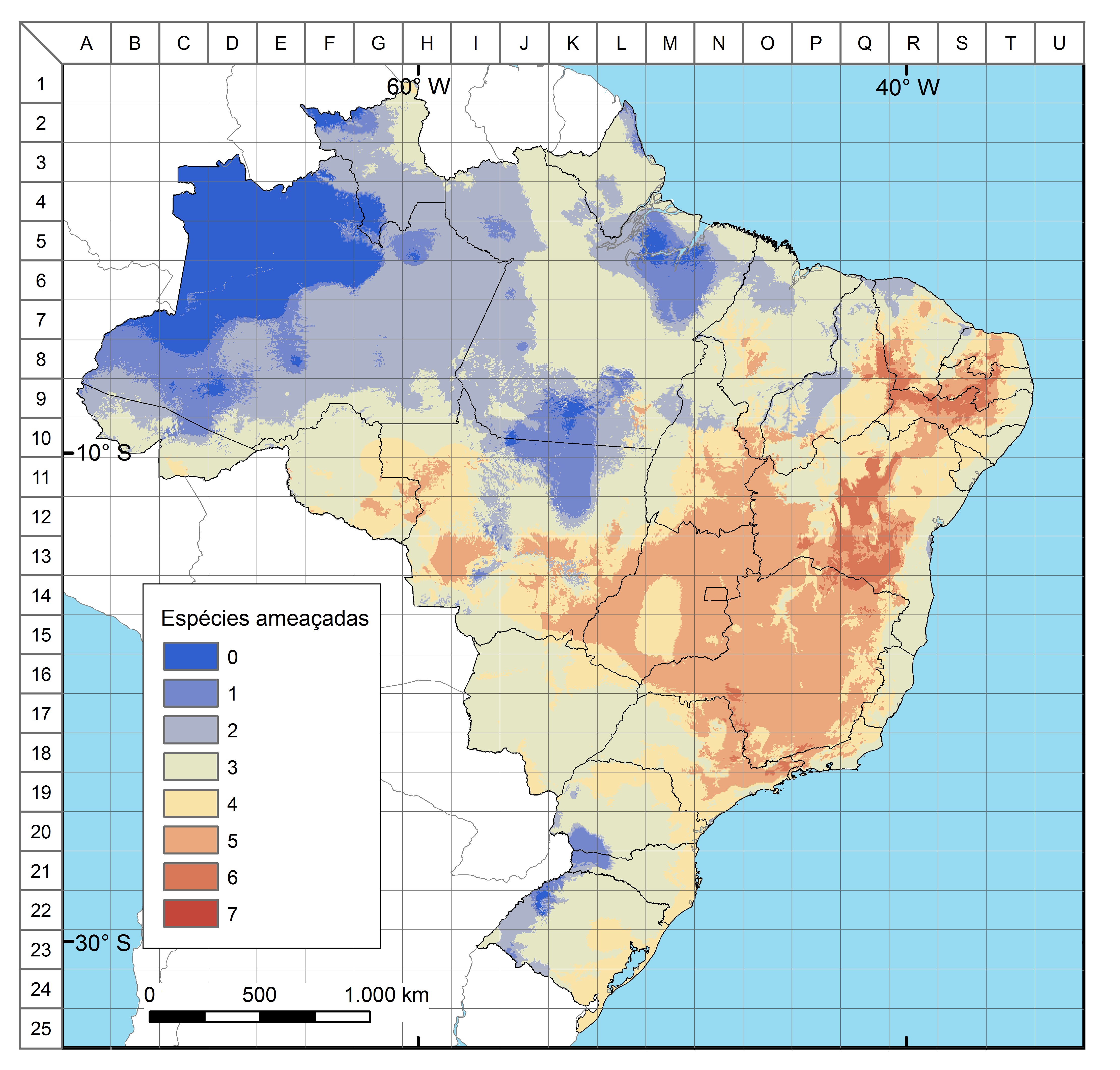 Distribuição potencial de espécies ameaçadas de morcegos no Brasil, considerando as sete espécies oficialmente listadas para o país: Eptesicus taddeii (VU), Furipterus horrens (VU), Glyphonycteris behnii (VU), Lonchorhina aurita (VU), Natalus macrourus (VU), Xeronycteris vieirai (VU) e Lonchophylla dekeyseri (EN).