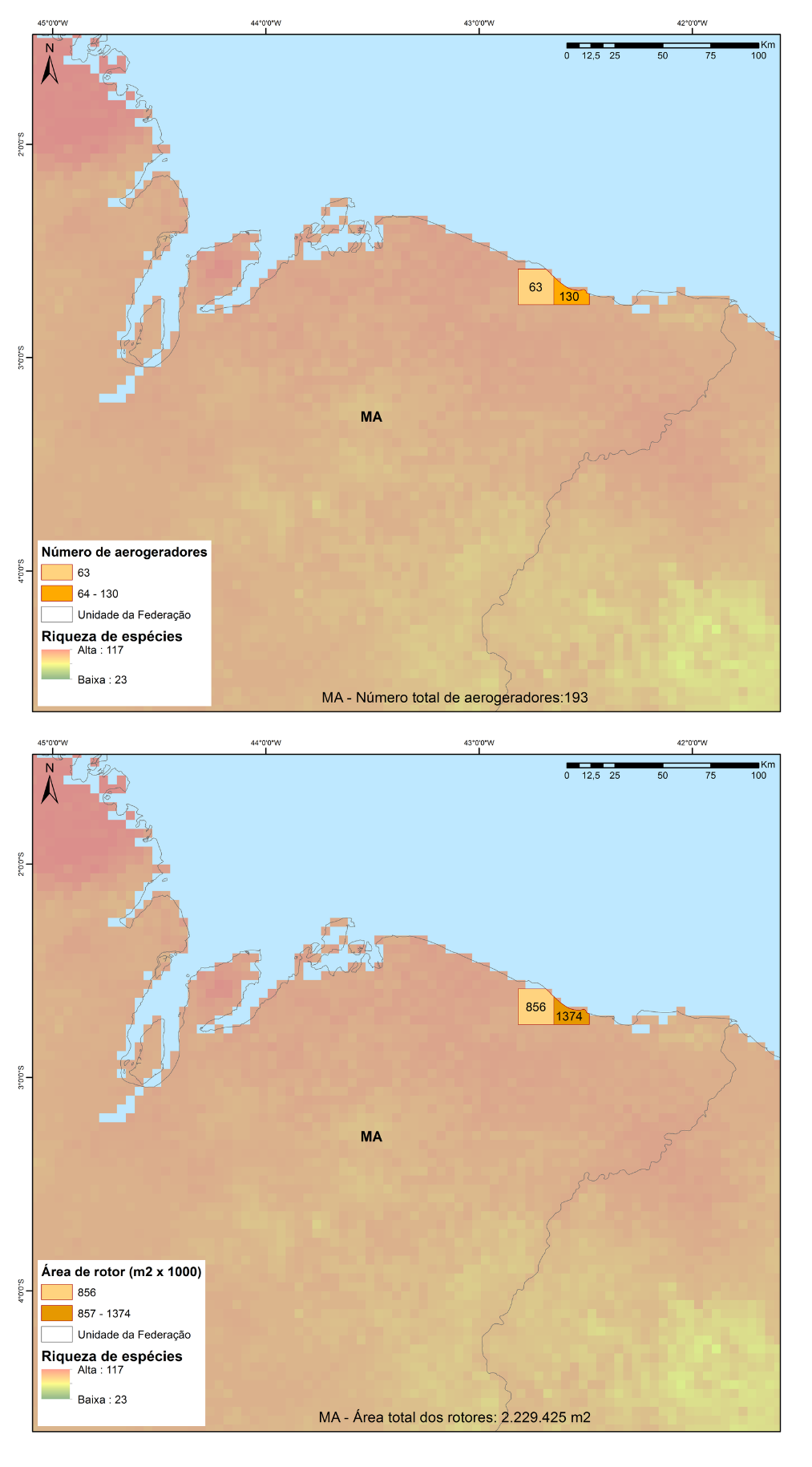 Número total de aerogeradores (acima) e área de rotor (abaixo) em quadrículas de 18 × 18 km, sobrepostos à riqueza potencial de espécies de morcegos para o estado do Maranhão. Dados de turbinas para janeiro de 2022. Fonte: SIGEL/ANEEL