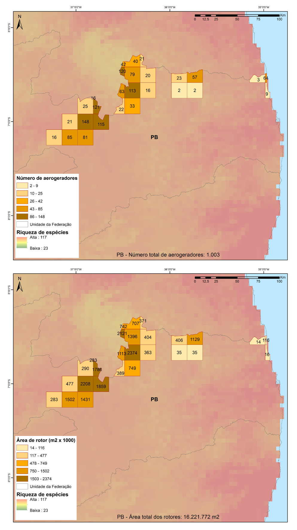 Número total de aerogeradores (acima) e área de rotor (abaixo) em quadrículas de 18 × 18 km, sobrepostos à riqueza potencial de espécies de morcegos para o estado da Paraíba. Dados de turbinas para janeiro de 2022. Fonte: SIGEL/ANEEL